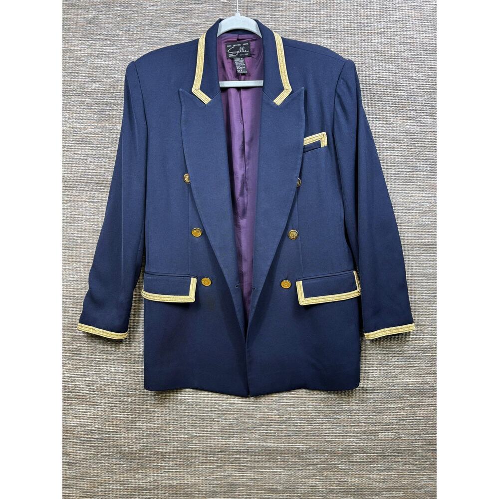 Vintage Suzelle Blazer Womens 6 Blue Gold Trim Double Breasted Lined Jacket